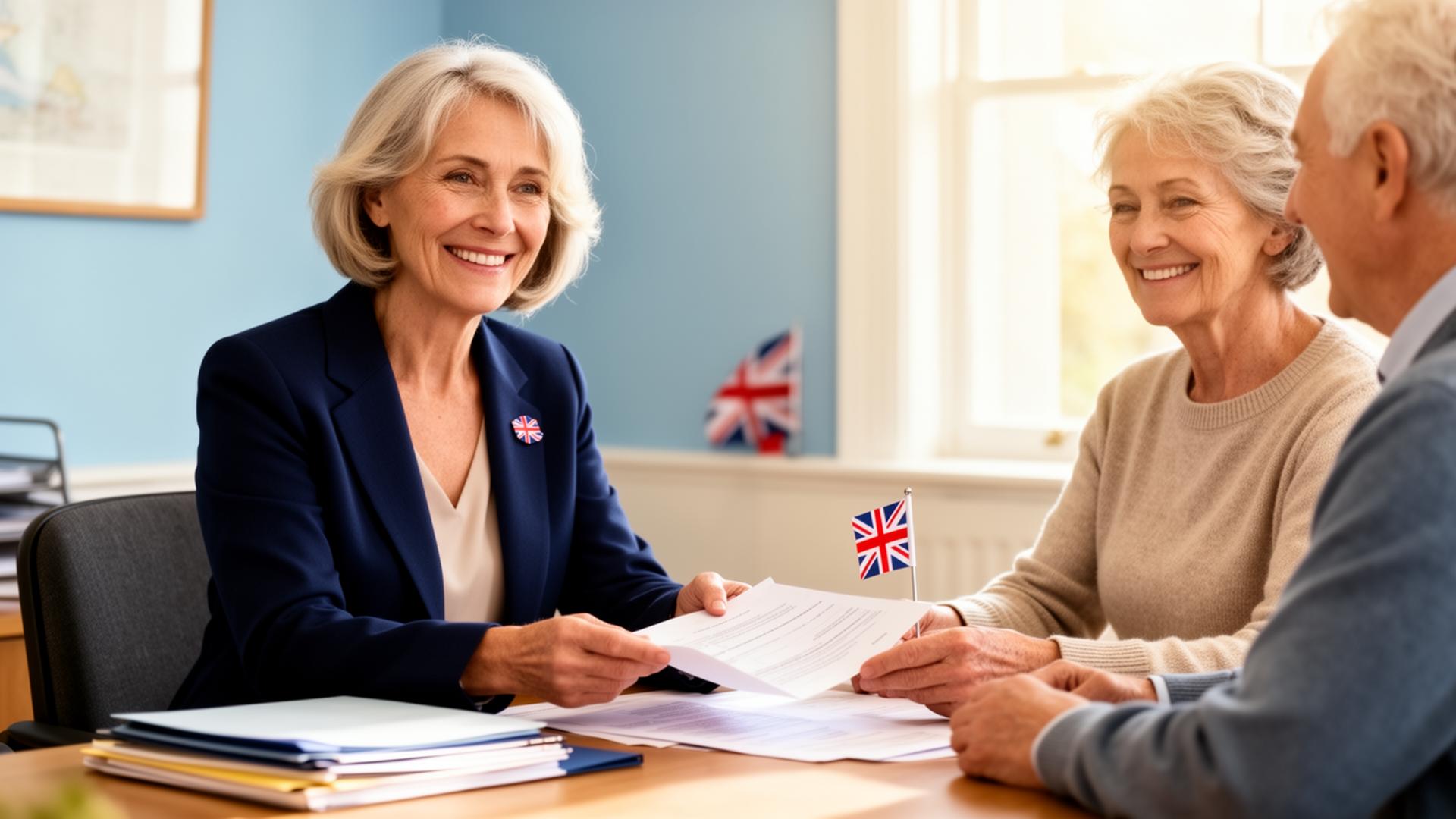 A friendly travel advisor warmly helping an older couple complete their travel documents.