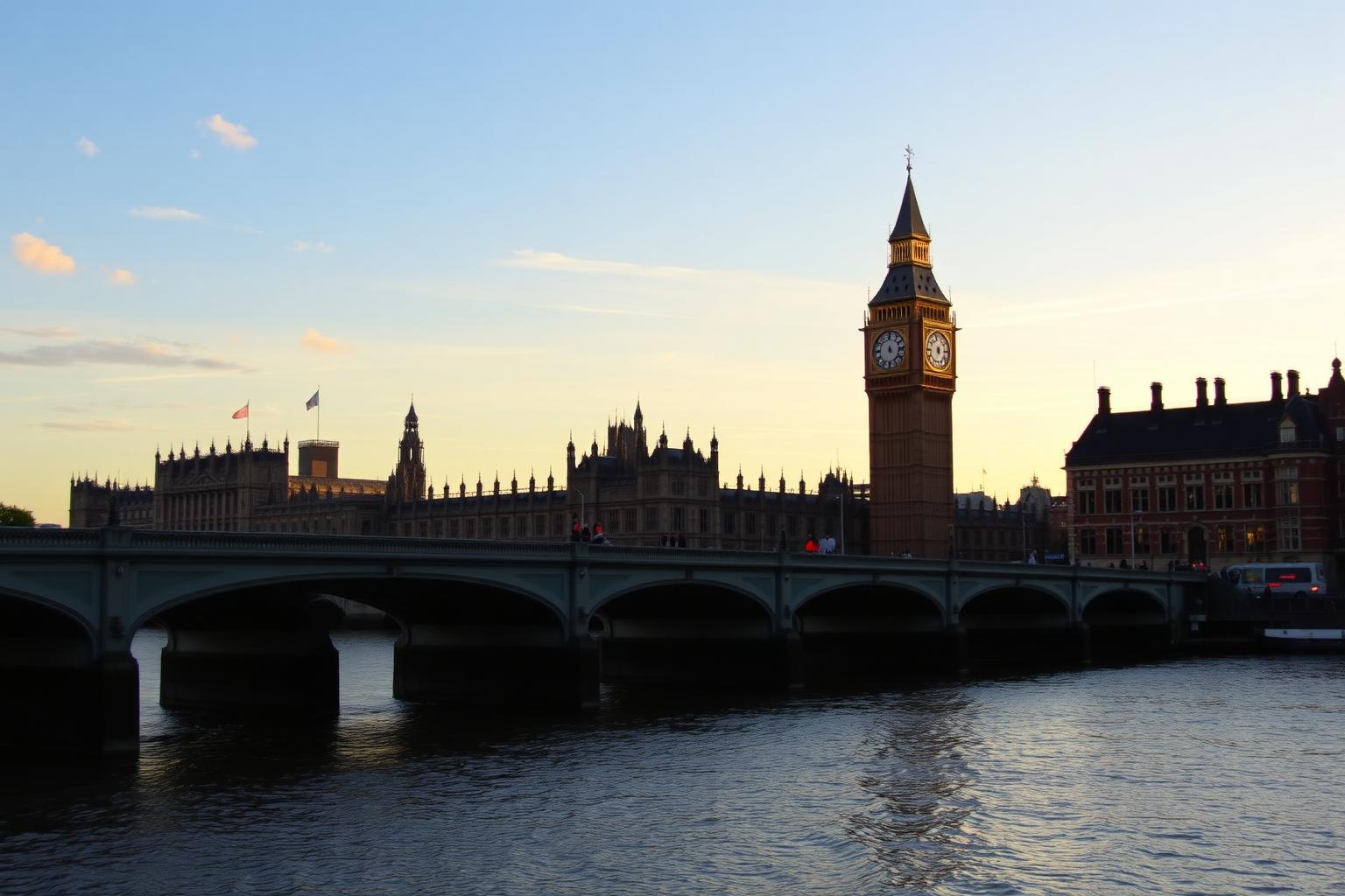 Big Ben and Westminster Bridge in London at golden hour.